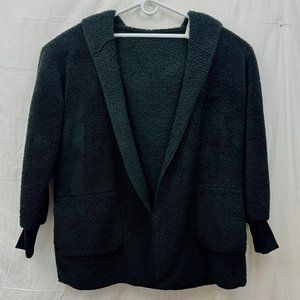 Fleece Open Front Hooded Fuzzy Cardigan w/ Pocket Women XL Black Utyful